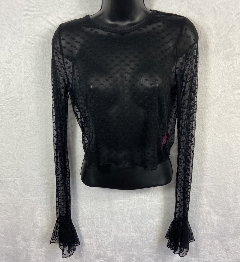 Sugar Thrillz Sheer Heart Top Womenโs Black Feminine Bell Sleeve Cropped L